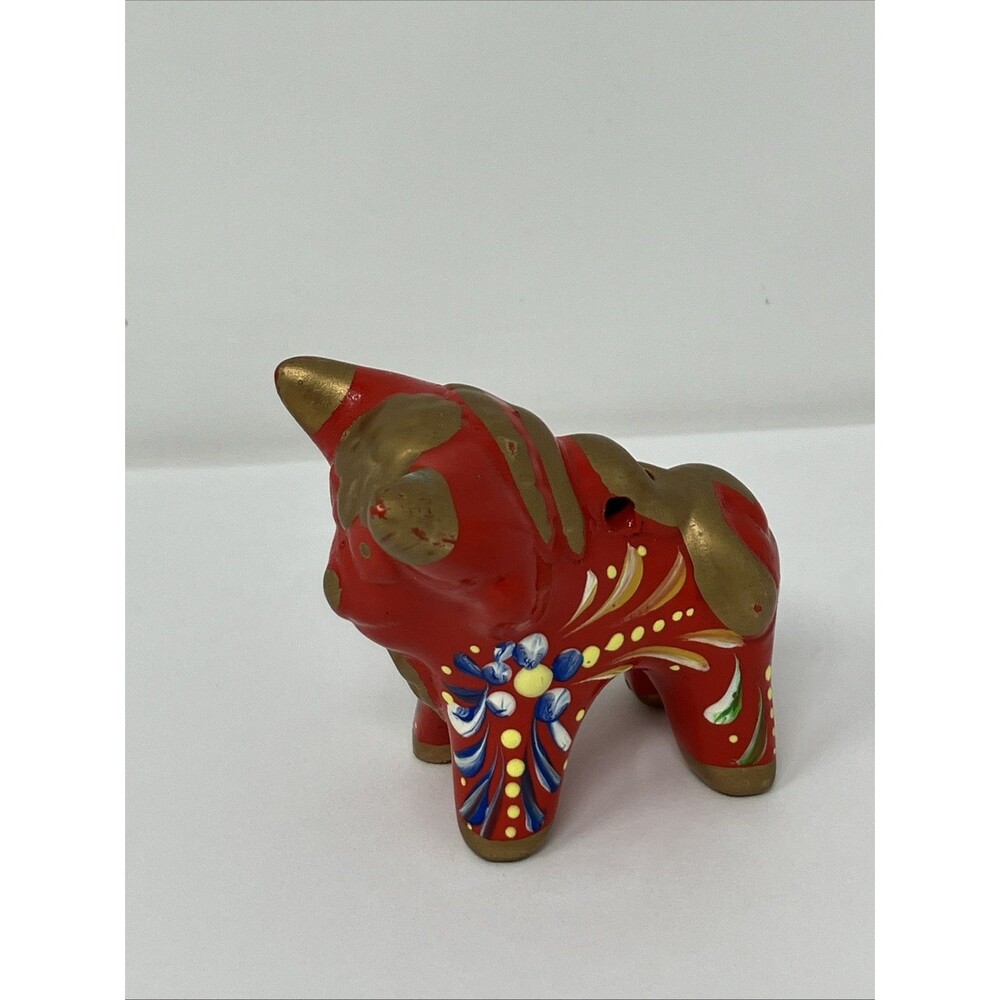 Red Floral Small Pucara Bull Figurine Peruvian Folk Art 3" Long X 2.5” Tall